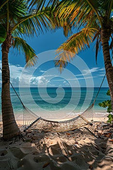 Hammock Swinging on Beach With Palm Trees