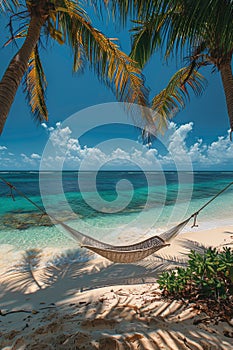 Hammock Swinging on Beach With Palm Trees