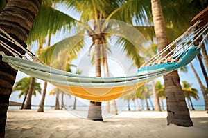 a hammock tied between two palm trees