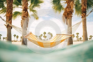a hammock tied between two palm trees