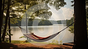 Hammock between trees near a lakeside