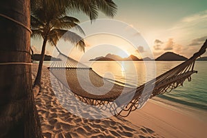 Hammock on tropical beach with sunrise view. Generate ai