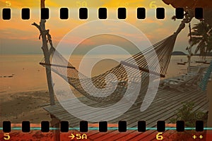 Hammock on tropical beach at sunset, retro