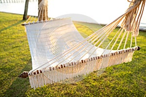 Hammock on tropical palm trees overlooking the mountains