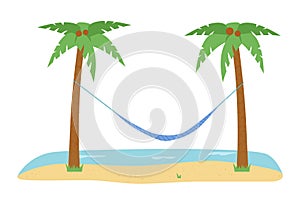 Hammock between two coconut palm trees on the beach. Swing net bed for rest and relaxation, tropical ocean vacation.