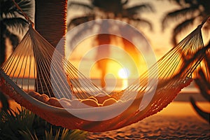 Hammock between two palm trees beach sunset