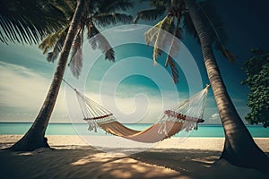 Hammock between two palm trees on a tropical beach, illustration generated by AI