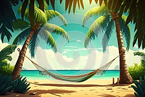 Hammock between two palm trees on a tropical beach, illustration generated by AI