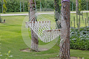 A hammock between two trees in a summer garden