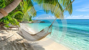 hammock under palm tree in tropical paradise beach