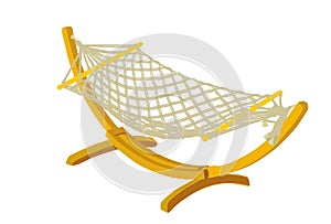 Hammock vector illustration isolated on white background. Summer time enjoy and relaxation swing bed. Beach time. Wooden garden.