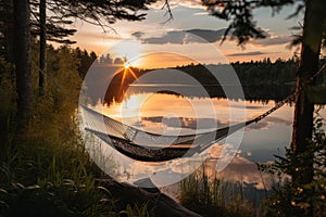 a hammock with a view of the sunset on a serene lake