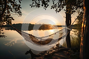 a hammock with a view of the sunset on a serene lake