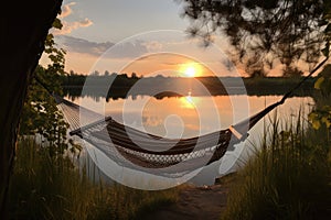 a hammock with a view of the sunset on a serene lake