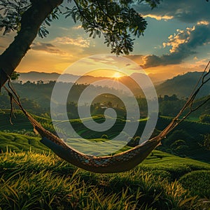 A hammock was strung between two trees on the grassy hills of mountains photo