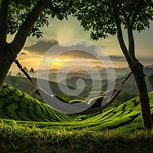 A hammock was strung between two trees on the grassy hills of mountains photo