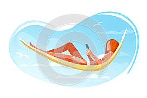 Hammock with woman sunbathing on beach on vacation vector illustration. Character reading on resort. Flat summer travel