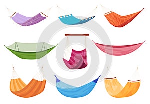 Hammocks for rest and relaxation in the fresh air. A comfortable hammock for people to lie in nature. Vector