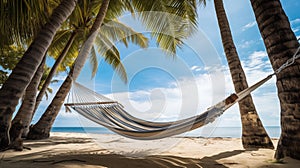 Hammocks strung between palm trees offer oceanfront relaxation.AI Generated