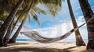 Hammocks strung between palm trees offer oceanfront relaxation.AI Generated photo