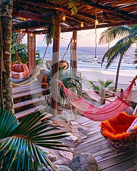 Hammocks on a wooden deck overlooking the ocean