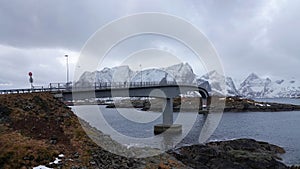 Hamnoy bridge at Reinefjorden on the Lofoten in Norway in winter