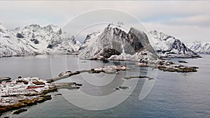 Hamnoy fishing village , Norway winter aerial 4k video Lofoten Archipelago