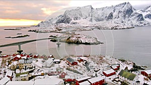 Hamnoy fishing village , Norway winter aerial 4k video Lofoten Archipelago