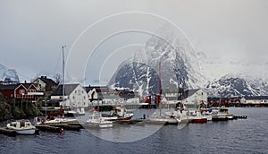 Hamnoy harbour at Reinefjorden on the Lofoten in Norway in winter in the mist