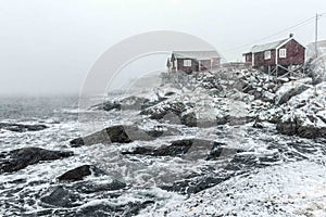 Hamnoy, Norway, fishing village on Lofoten Islands during a snow storm