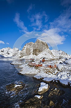 Hamnoy village in Lofoten Islands at mornig in winter, Norway