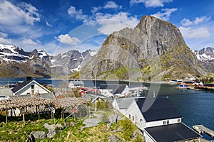 Hamnoy Village on Lofoten Islands,  Norway. The Typical Norwegian fishing village on Reinefjord,