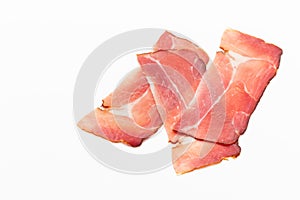 Hamon sliced on white background. Spanisch traditional meat