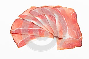 Hamon sliced on white background. Spanisch traditional meat