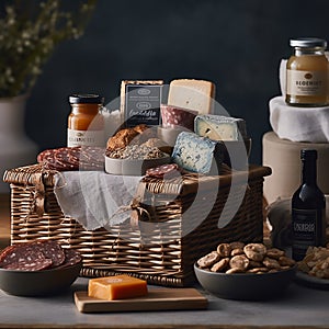 A hamper basket filled with gourmet cheeses, charcuterie
