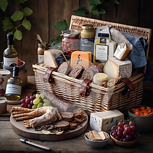 A hamper basket filled with gourmet cheeses, charcuterie