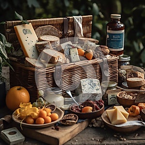 A hamper basket filled with gourmet cheeses, charcuterie