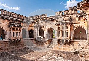 Wide view on 3 pool balconies at Queens Bath, Hampi, Karnataka, India