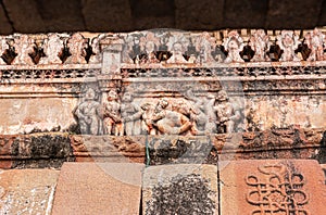Ruined sculpture depicting orgy at Shiva Virupaksha temple, Hampi, Karnataka, India photo