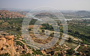 Hampi`s valleys from Hanuman Temple, Anjanadri Hill, Hampi, Karnataka, India