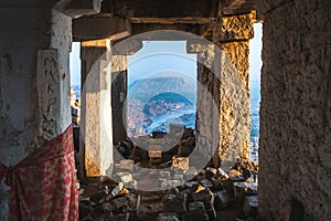 Hampi view from matanga hill at sunrise over the achyutaraya temple india karnakata from a stone