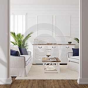 Hampton style living room interior with frame mockup