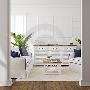 Hampton style living room interior with frame mockup photo