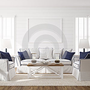 Hampton style living room interior with frame mockup