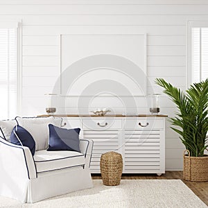 Hampton style living room interior with frame mockup photo