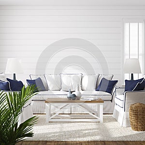 Hampton style living room interior, wall mockup