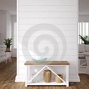 Hampton style living room interior, wall mockup photo