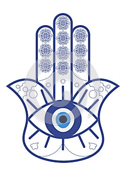 Hamsa or Fatima Hand with Evil Eye Nazar isolated. Hamsa Amulet or the Hand of Fatima vector illustration. photo