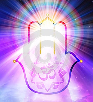 Hamsa Hand,  Hand of God, Om symbol, Spiritual guidance, Angel of light and love doing a miracle on sky, rainbow energy