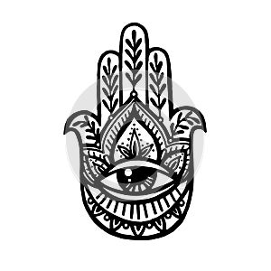 Hamsa hand with ornament boho. Buddha s hand, hand of Fatima.